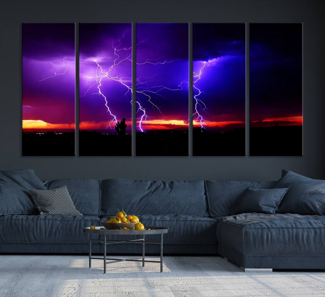 Electrifying Sunset Thunderstorm Canvas Print – Dramatic Lightning and Vibrant Sunset Wall Art