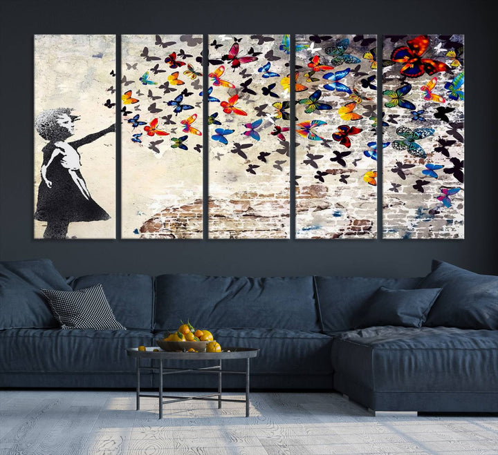 Banksy Style Girl with Butterflies Wall Art - Beautiful Framed Ready-to-Hang Triptych Canvas - Vibrant Butterfly Street Art for Modern Decor