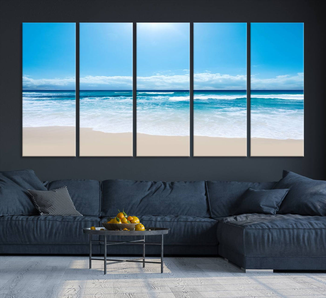 Lienzo decorativo para pared grande con estampado de mar y playa azul brillante