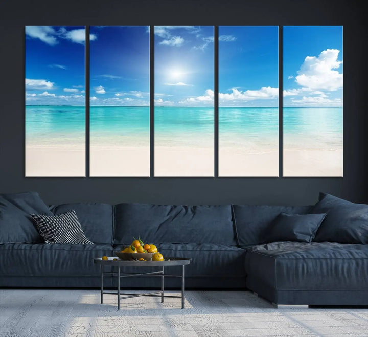 A contemporary living room showcasing the Wall Art Canvas Light Blue Beach and Ocean View.