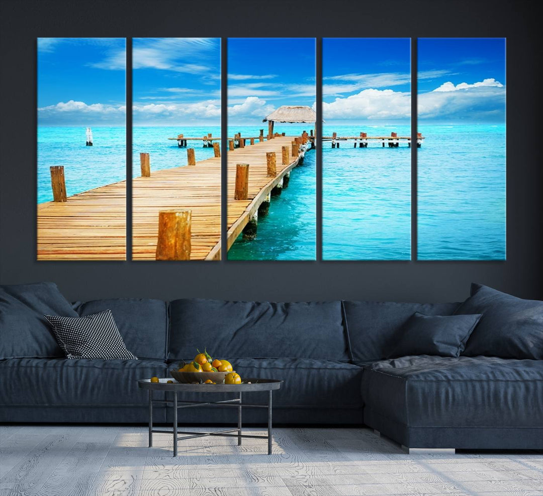 Tropical Pier Triptych Wall Art, Stunning Turquoise Ocean and Wooden Dock Canvas Print, Coastal Beach House Decor, Ocean View Canvas Art