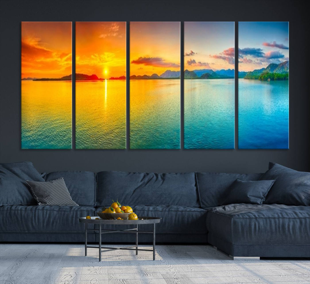 Impresión en lienzo de arte de pared grande, puesta de sol colorida, mar y montaña para decoración de sala de estar