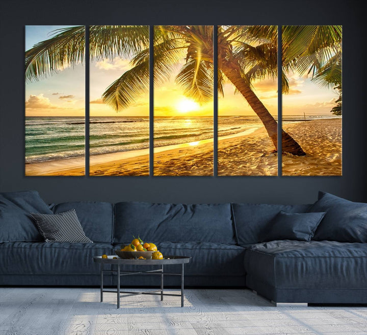 Impresión en lienzo de arte de pared grande Palmera en la playa al atardecer brillante