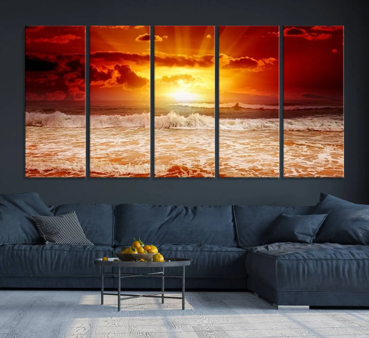 In a modern living room, the vibrant "Wall Art Canvas Perfect Sunset Turns Colour of Sea and Sky to Red," printed on museum-quality canvas, stands out. A floor lamp casts warm light over the ready-to-hang artwork, which includes a UV-protective coating to ensure lasting brilliance.