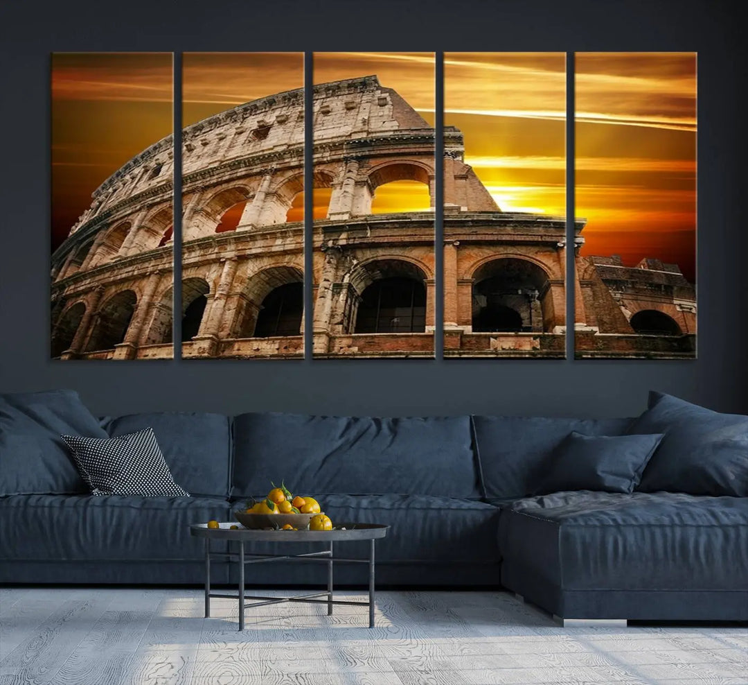 A three-panel canvas titled "Colosseum with Yellow Sunset Behind, Italy," protected with a UV-coating, is elegantly displayed.