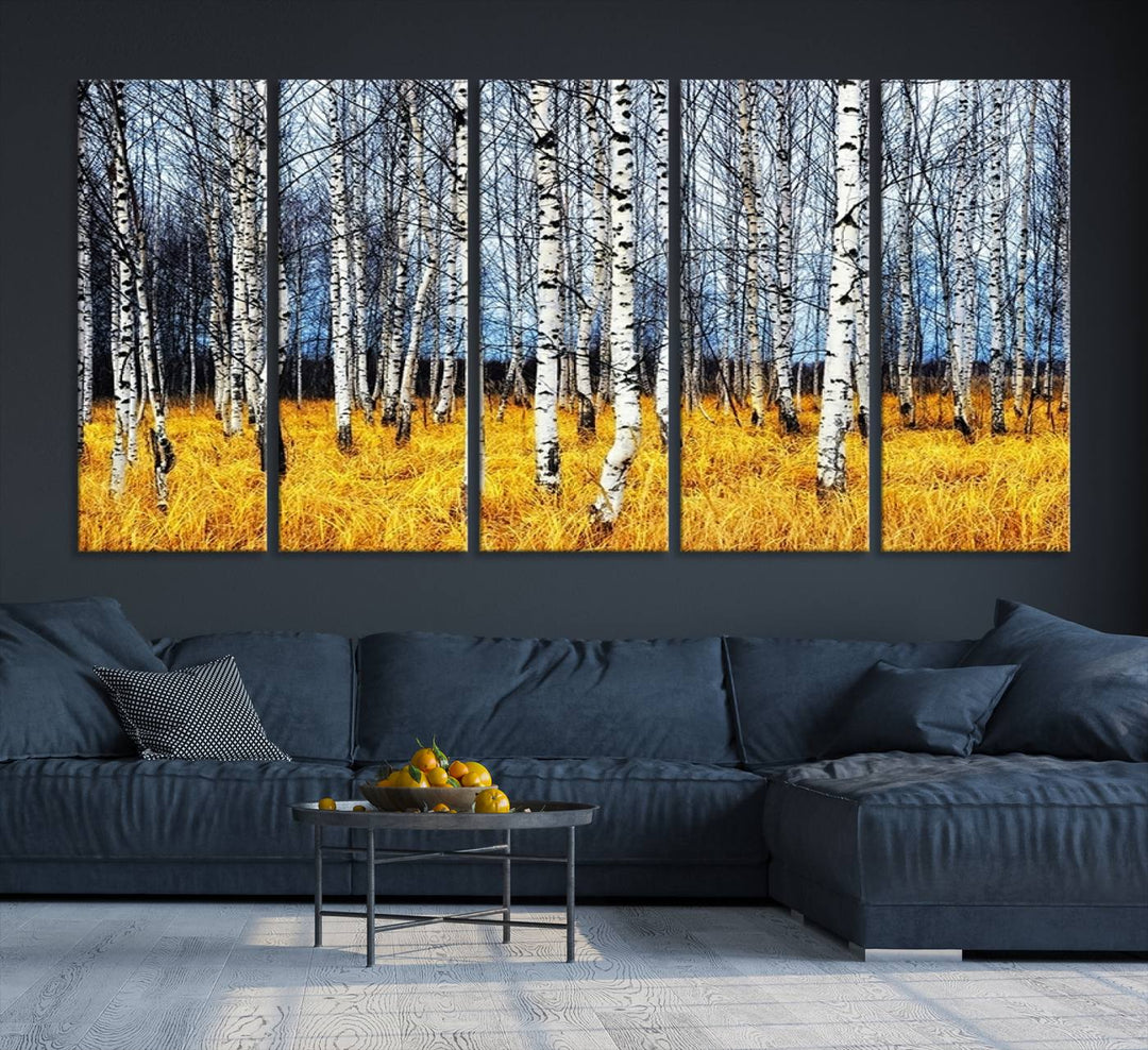 Impression d’art mural de bouleaux, art mural paysage, impression sur toile, arbres sans feuilles sur fond jaune