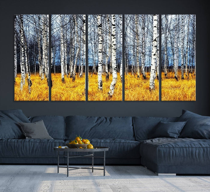 Impression d’art mural de bouleaux, art mural paysage, impression sur toile, arbres sans feuilles sur fond jaune