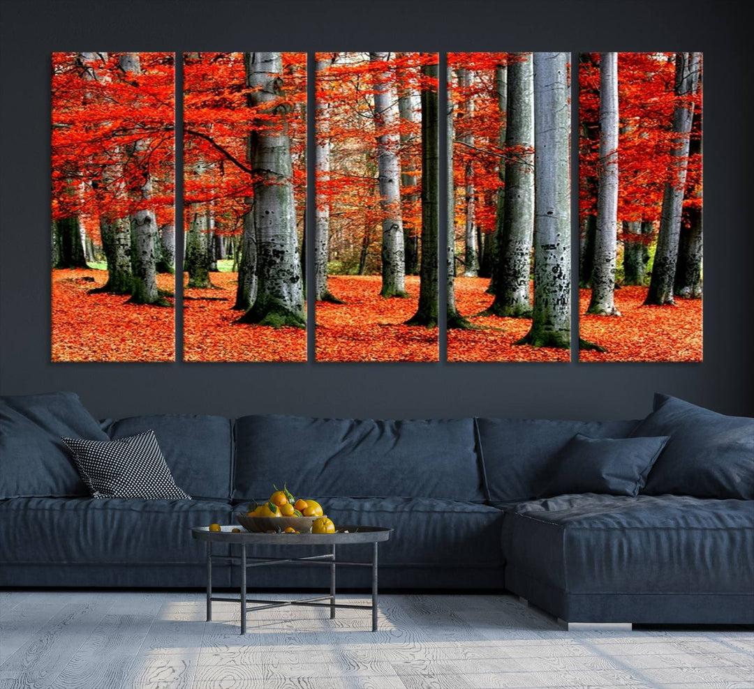 Impression sur toile de paysage d'art mural, feuilles rouges sur des arbres sur fond rouge