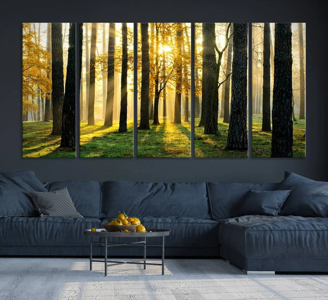 The living room is enhanced by the "Wall Art Landscape Canvas Print Tall Trees in Forest at Sunset" on museum-quality canvas. This triptych, complete with a UV-protective coating, is ready to hang and adds an artistic touch to the space.