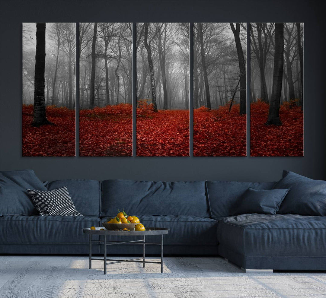 Impression sur toile de paysage d'art mural, forêt merveilleuse avec des feuilles rouges au sol