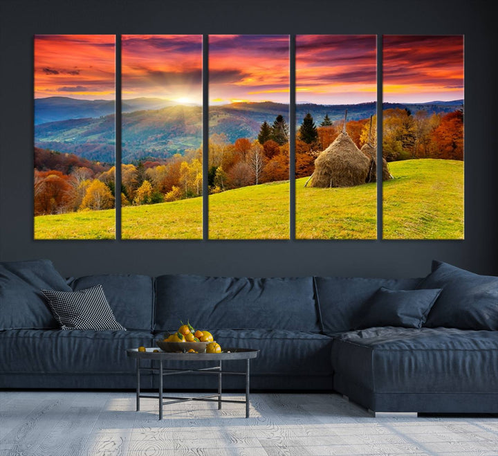 Impression sur toile de paysage d'art mural, tous les tons de vert au coucher du soleil