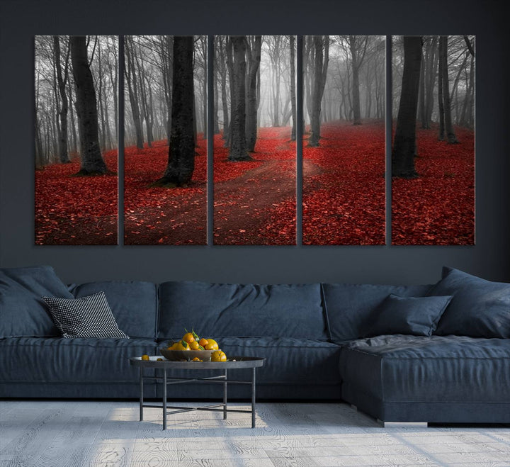 Wonderful Forest artwork: Triptych with red leaves, ideal for nature lovers.