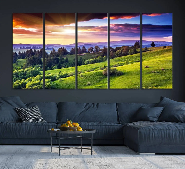 The room features a large triptych of the Green Hills and Sunset Wall Art Print, showcasing a scenic landscape with lush greenery and a vibrant sky.