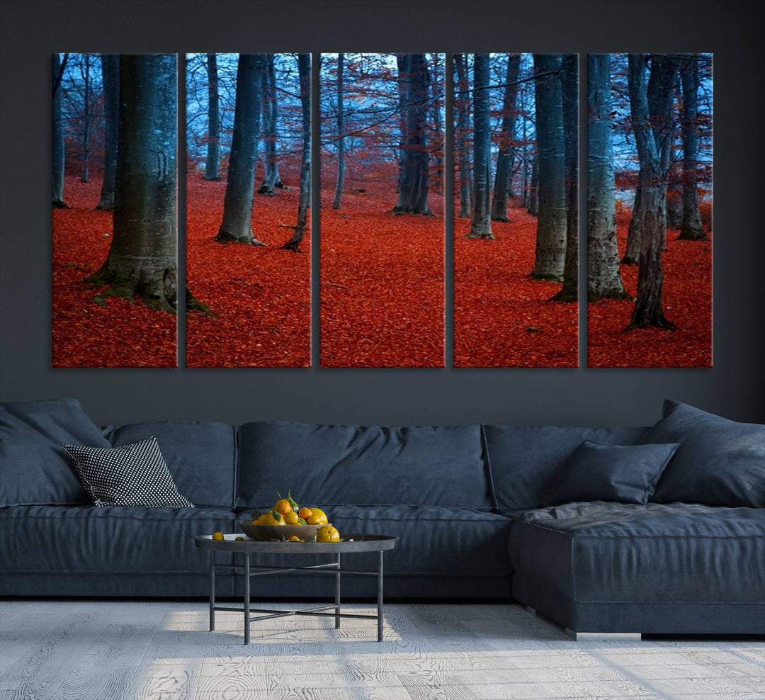 Impresión de lienzo de paisaje de arte de pared extra grande - Hojas rojas en bosque azul