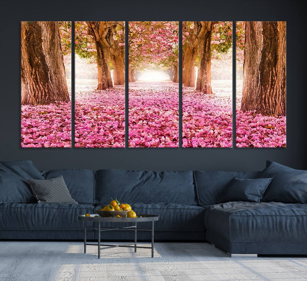 Blossom Cherry Canvas Print Walking on Pink Flowers Between Trees