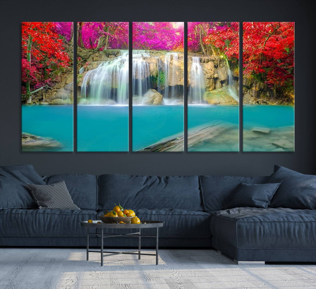 Wall Art Waterfall Landscape with Pink and Red Flowers in Forest Canvas Print