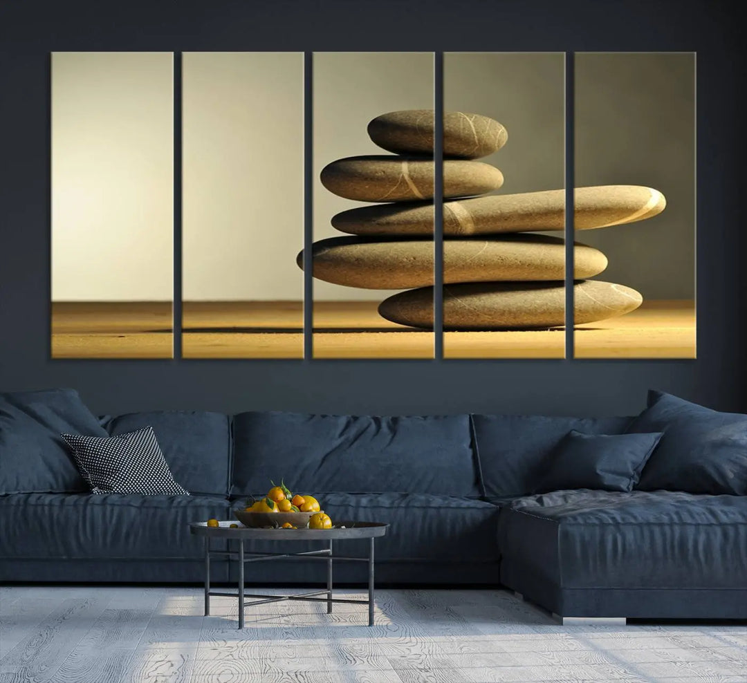 The "Yellow Zen Stones on Yellow Background Wall Art Yoga Zen Artwork," a professionally hand-assembled framed photo with UV-protective coating, is displayed on the wall.