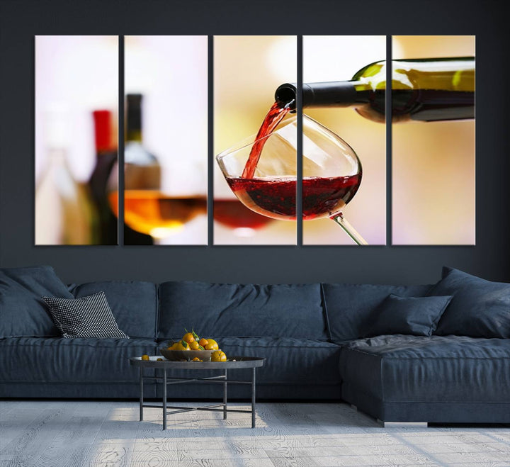 The Filling Red Wine into Glass Red Wine Canvas Print showcases a wine bottle pouring red wine into a glass. This scene, captured on museum-quality canvas, promises timeless elegance and comes with free shipping for effortless delivery to your doorstep.