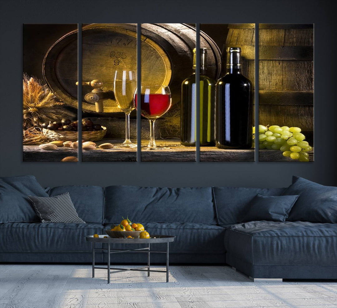 Explore the "Wall Art Red and White Wine with Bottles and Tun Canvas Print," a triptych on gallery-wrapped, museum-quality canvas. Featuring a wine barrel, bottles, and a glass of red wine, it includes a UV-protective coating for lasting vibrancy.