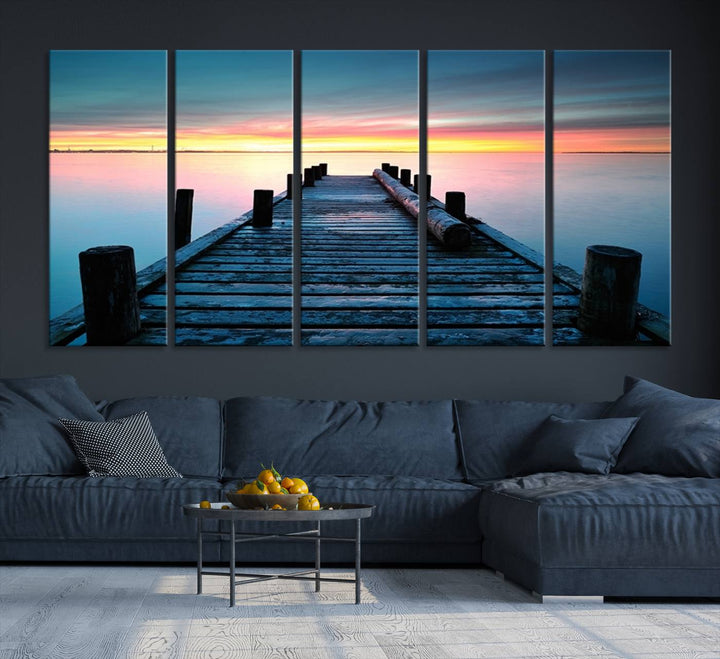 Wall Art Vintage Wooden Pier on Sea at Sunset Canvas Print