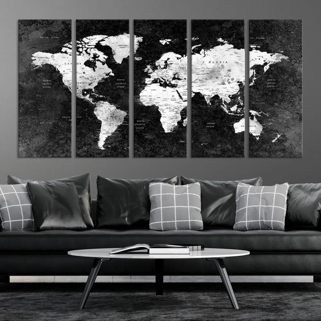 Modern Grayscale World Map 3-Panel Canvas Art | Ready to Hang, Framed | Stylish Minimalist Wall Décor for Home, Office, Living Room, or Study Spaces 