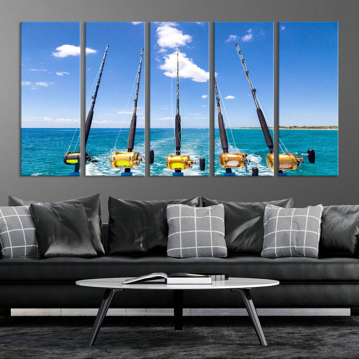 Fishing Roads on Boat Canvas Wall Art Print Ocean Seascape Art Print