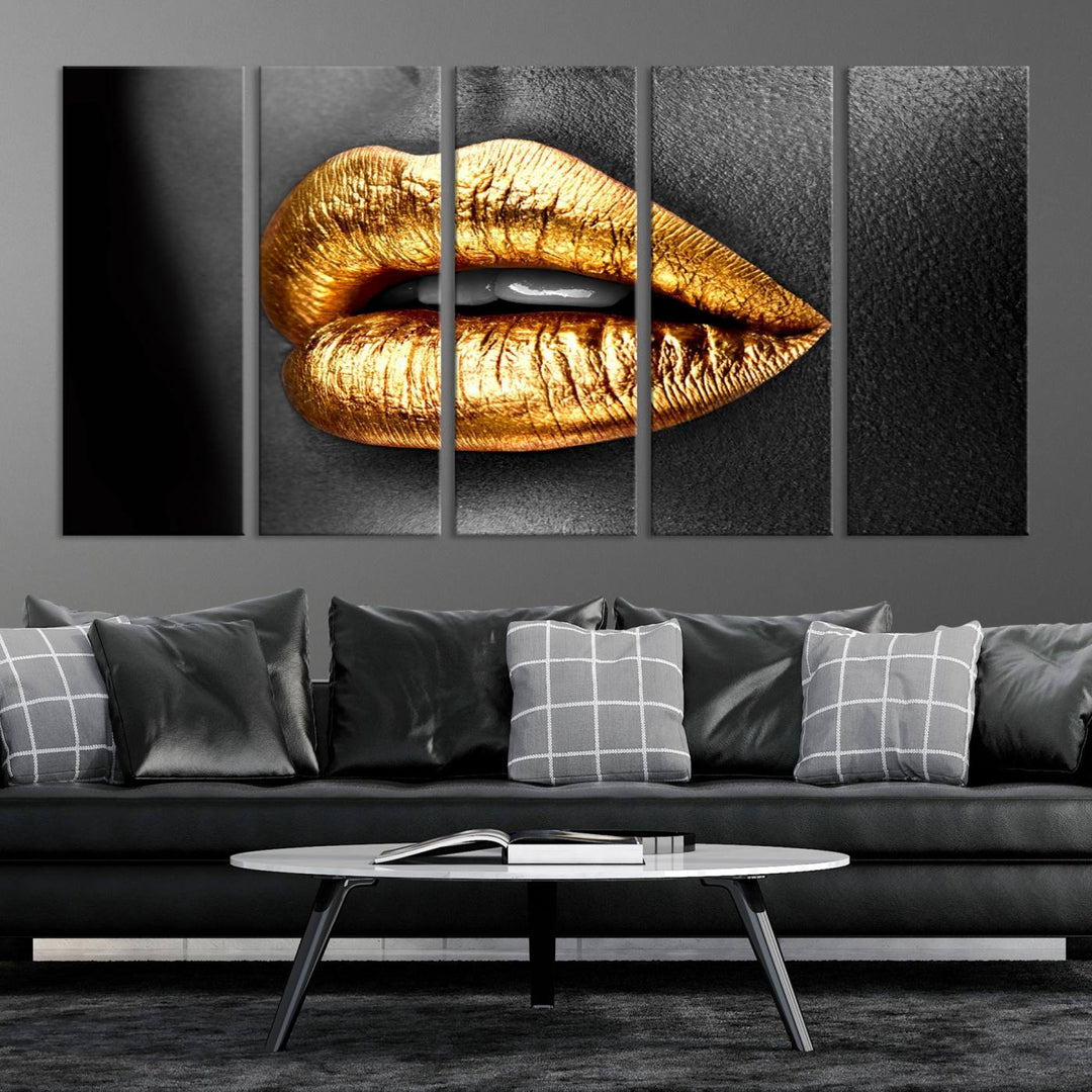 Gold Lips Canvas Wall Art Print Makeup Wall Art Fashion Beauty Canvas Print