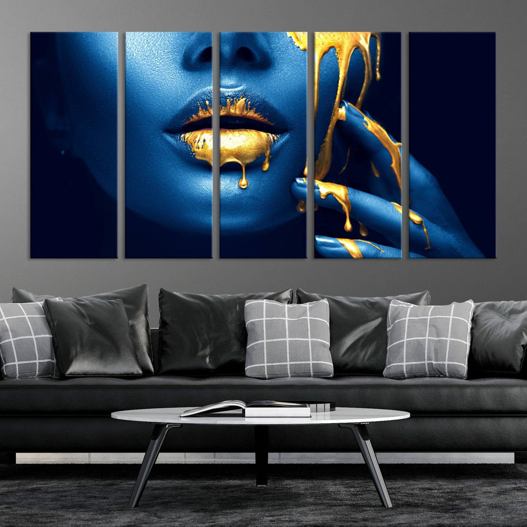 Neón Azul Oro Labios Sensual Fotografía Lienzo Pared Arte Impresión Moda Arte Belleza