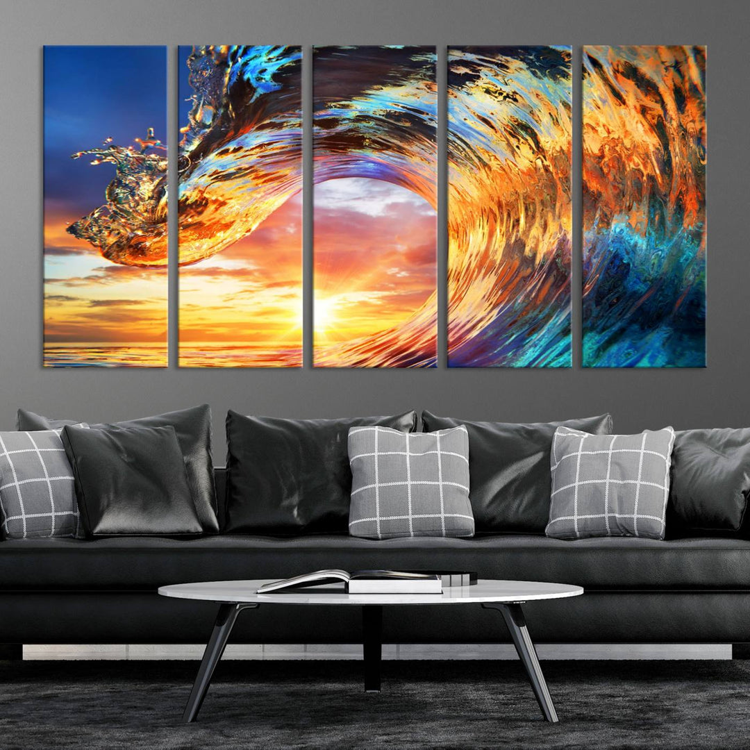 Wave Canvas Wall Art – Multi-Panel Sunset Ocean Scene – Bold and Vibrant Decor for Living Room or Office – Ready to Hang