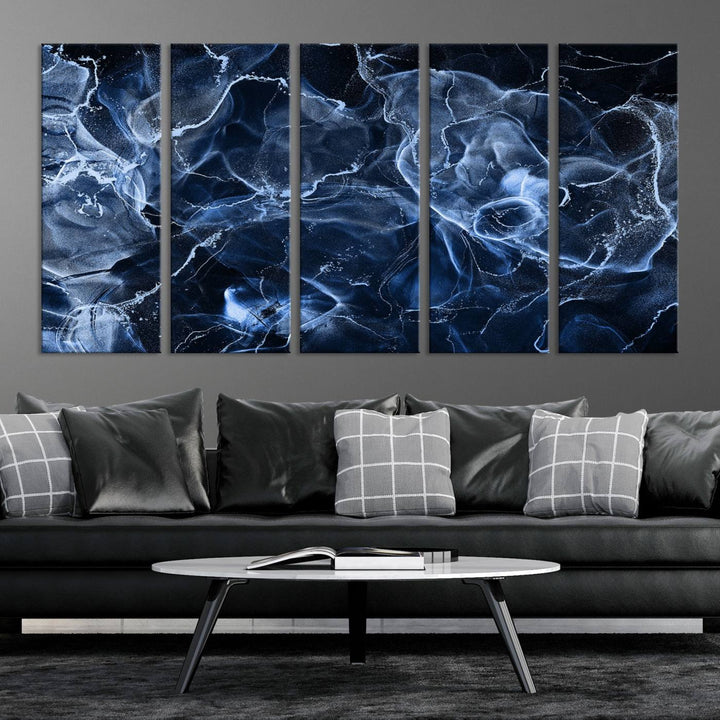 Arte de pared grande con efecto ahumado de mármol azul, lienzo abstracto moderno, impresión artística de pared