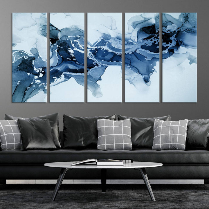 Arte de pared grande con efecto fluido de mármol azul hielo, lienzo abstracto moderno, impresión artística de pared