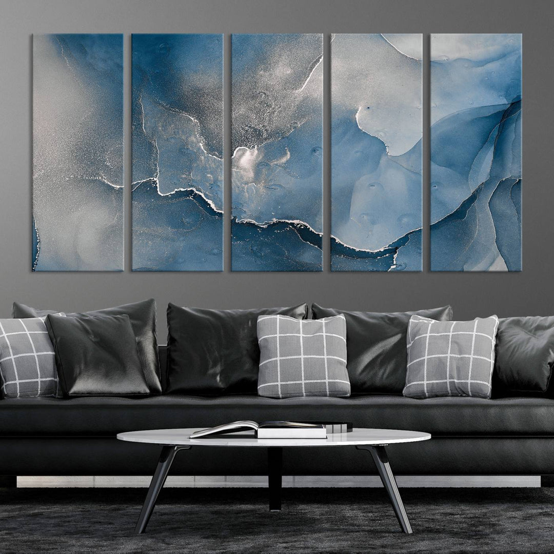 Blue Gray Marble Fluid Effect Wall Art Abstract Canvas Wall Art Print