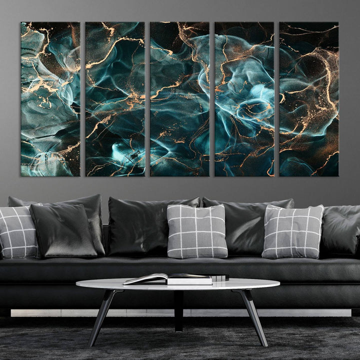 Neon Blue Marble Smokey Effect Wall Art Abstract Canvas Wall Art Print