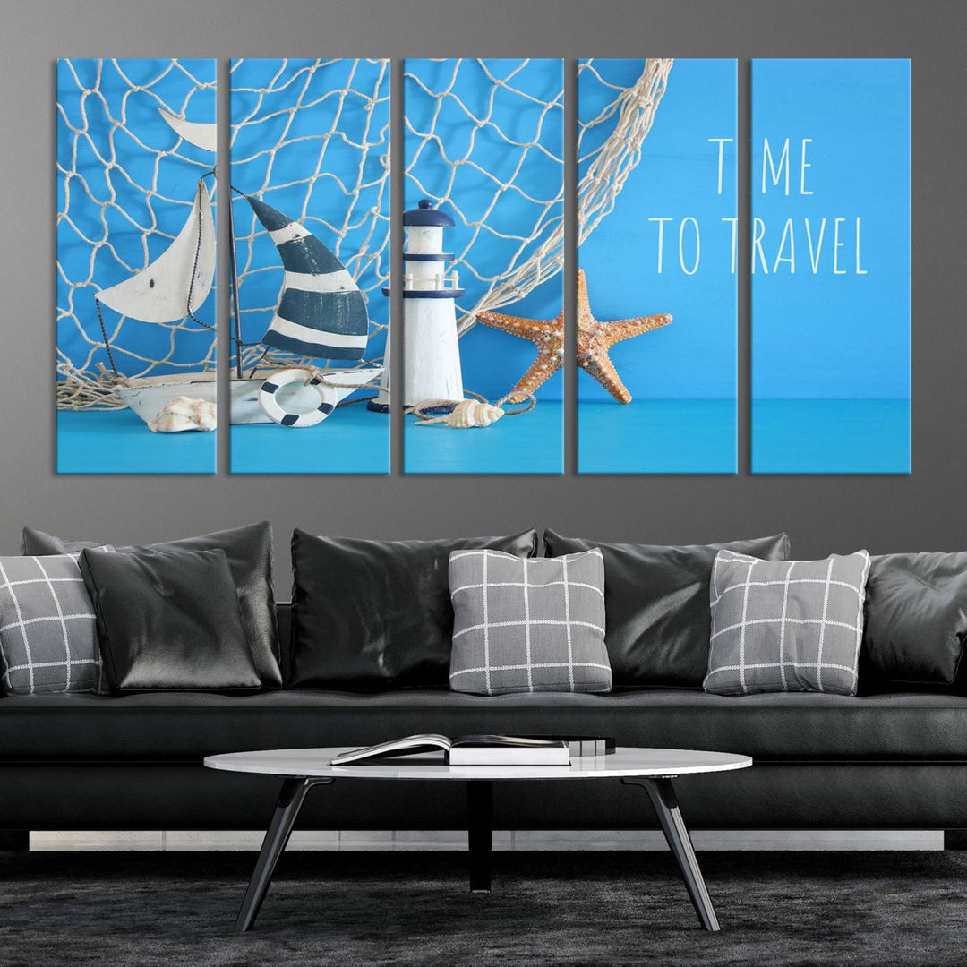 Sailing Boat Starfish and Lighthouse Wall Art Canvas Print