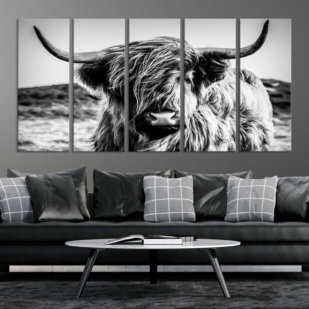 Highland Cow Wall Art | 3-Panel Black and White Highland Cow Canvas Print for Western Farmhouse Decor | Large Framed Giclee Canvas for Living Room