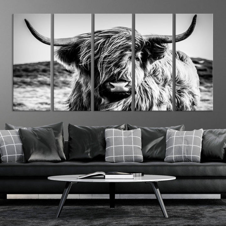 Scottish Cow Black and White Wall Canvas Art Print Farm House