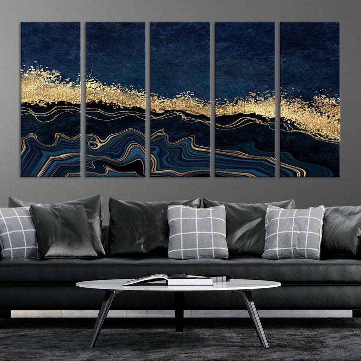 Navy Blue Marble Fluid Effect Large Wall Art Modern Abstract Canvas Wall Art Print