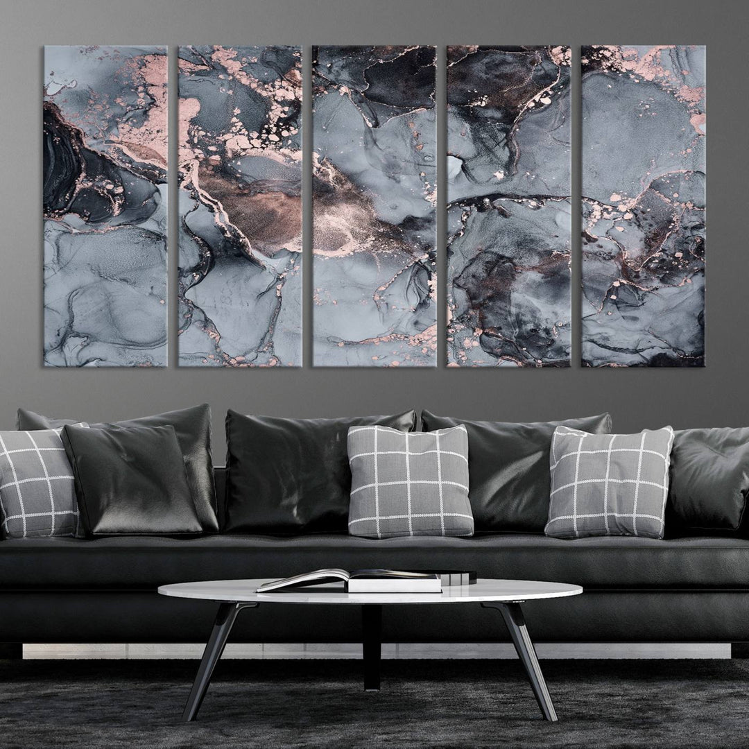 Gray and Rose Gold Marble Fluid Effect Wall Art Abstract Canvas Wall Art Print