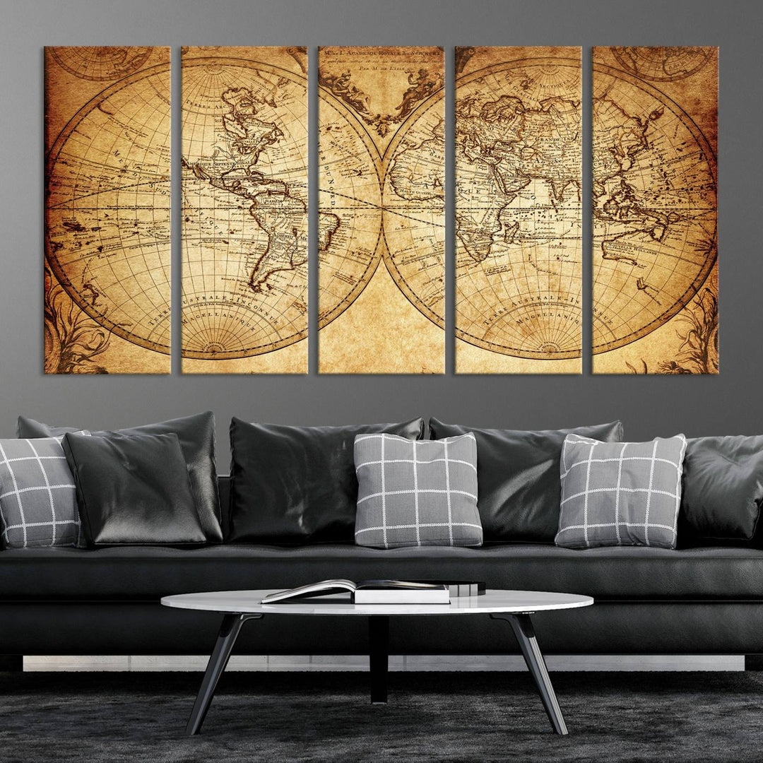 Vintage World Map Wall Art | 3-Panel Canvas Print for Living Room, Office, or Study | Giclee Canvas with Antique Design