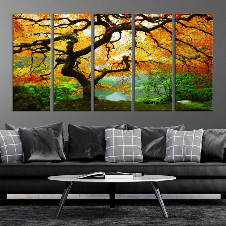 Portland Japanese Maple Tree Canvas Wall Art – Nature Landscape Print – Framed and Ready to Hang for Living Room or Office Decor