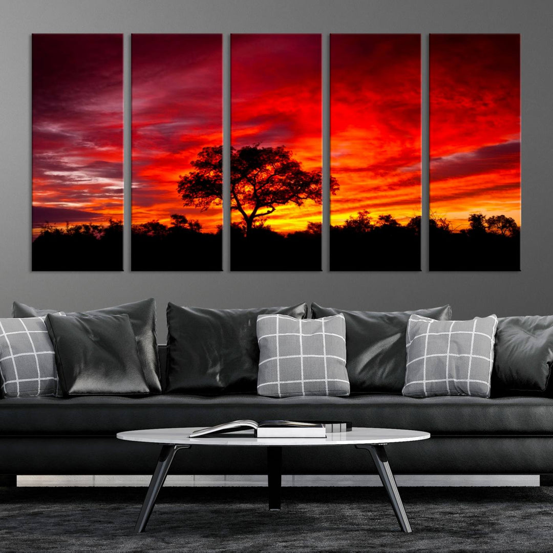 Red Sunset Landscape Artwork Printing, Forest Tree Wall Art Canvas Print