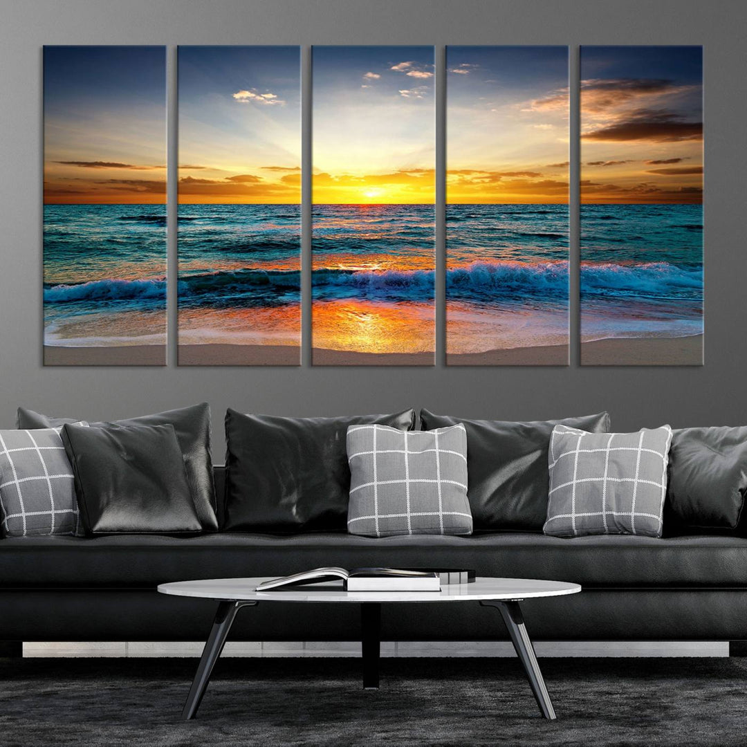 Vibrant Ocean Sunrise Over Golden Beach Waves, Giclee Canvas Wall Art Set, High-Quality Stretched Canvas Print, Ready to Hang Coastal Sunset Wall