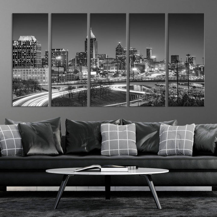 Skyline de luces de la ciudad de Atlanta Arte de pared en blanco y negro Paisaje urbano Lienzo