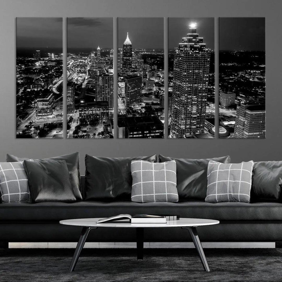 The Atlanta City Lights Skyline Black and White Wall Art Cityscape Canvas Print is elegantly displayed on the wall. These museum-quality canvases arrive ready to hang, making your art display both effortless and sophisticated.