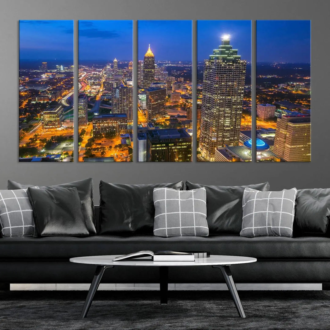 An elegant Atlanta City Blue Skyline Cityscape View Wall Art Canvas Print graces the wall, offering a sophisticated addition to your living space. Enjoy free shipping on this stylish piece.