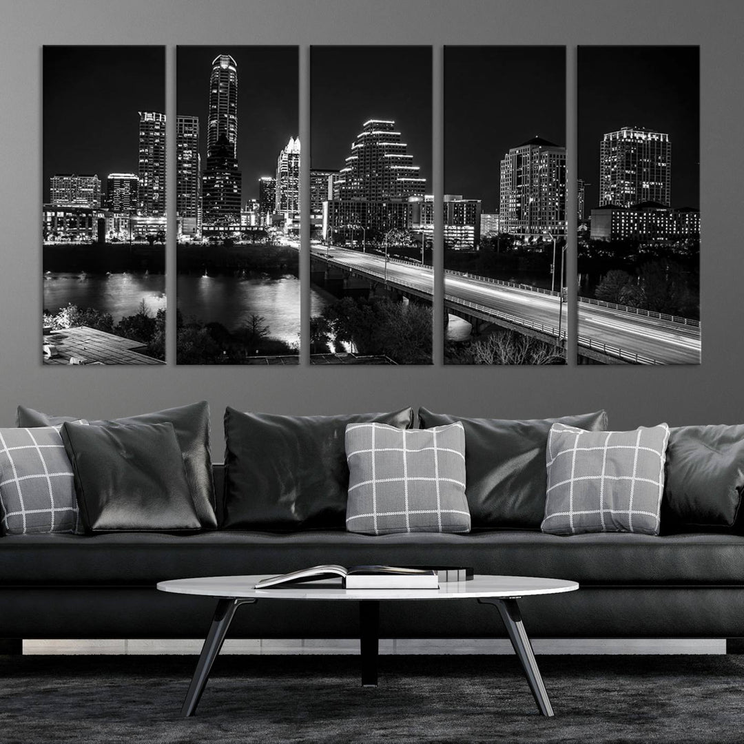 Austin City Lights Skyline Arte de pared en blanco y negro Paisaje urbano Lienzo