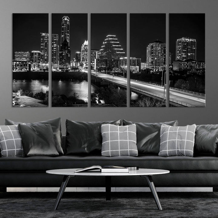 Austin City Lights Skyline Black and White Wall Art Canvas Print