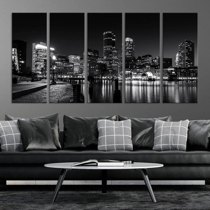 The living room showcases the Boston City Lights Skyline Black and White Wall Art Canvas Print.