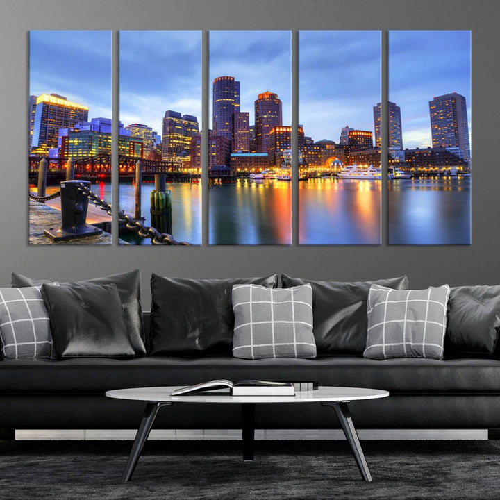 The Boston City Lights Sunset Cloudy Blue Skyline Cityscape View Wall Art Canvas Print embellishes a contemporary living room. This gallery-wrapped canvas set guarantees museum-quality canvases to enhance any space.