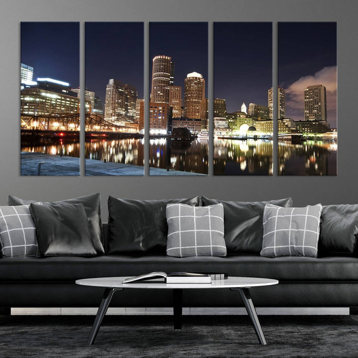 The Boston City Lights Skyline Cityscape View Wall Art Canvas Print showcases a nighttime cityscape on museum-quality canvas.